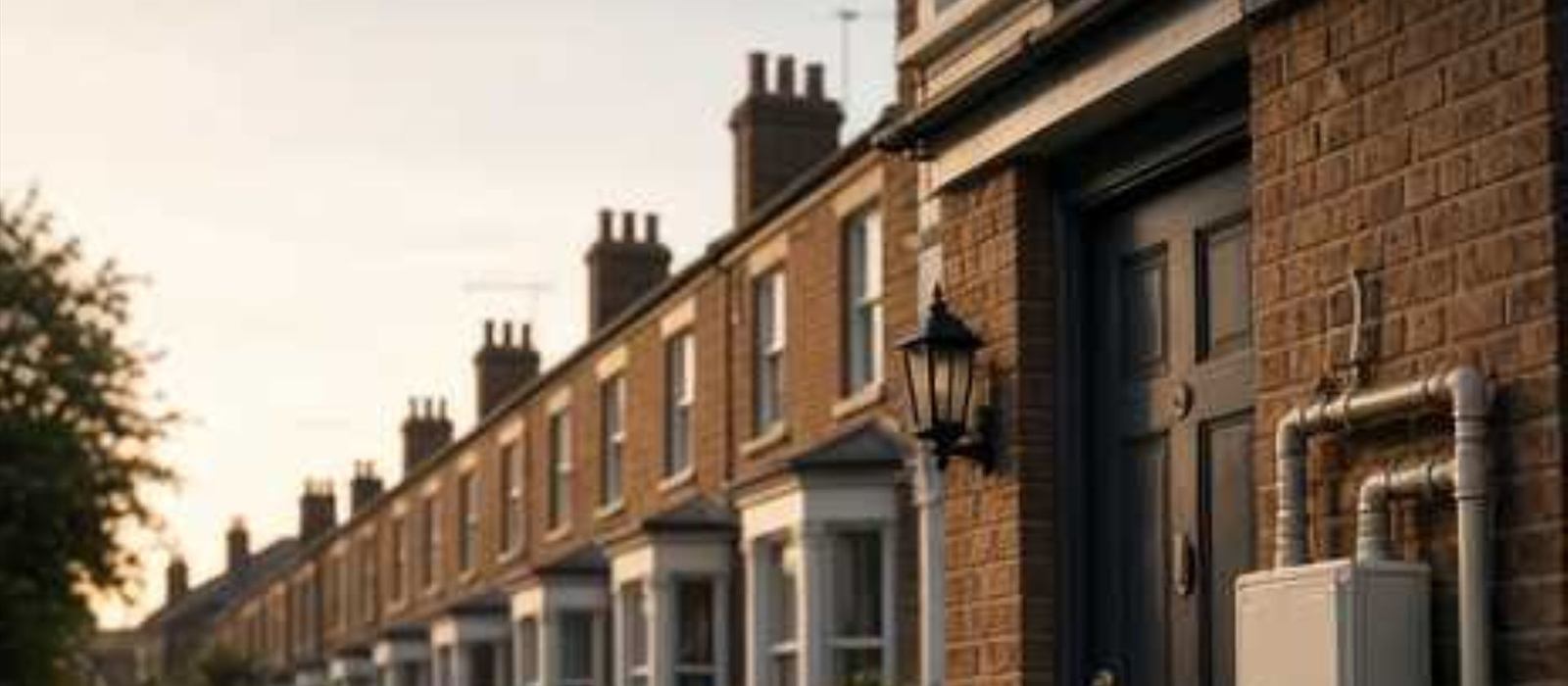 Row of London terraced houses with an external gas meter box